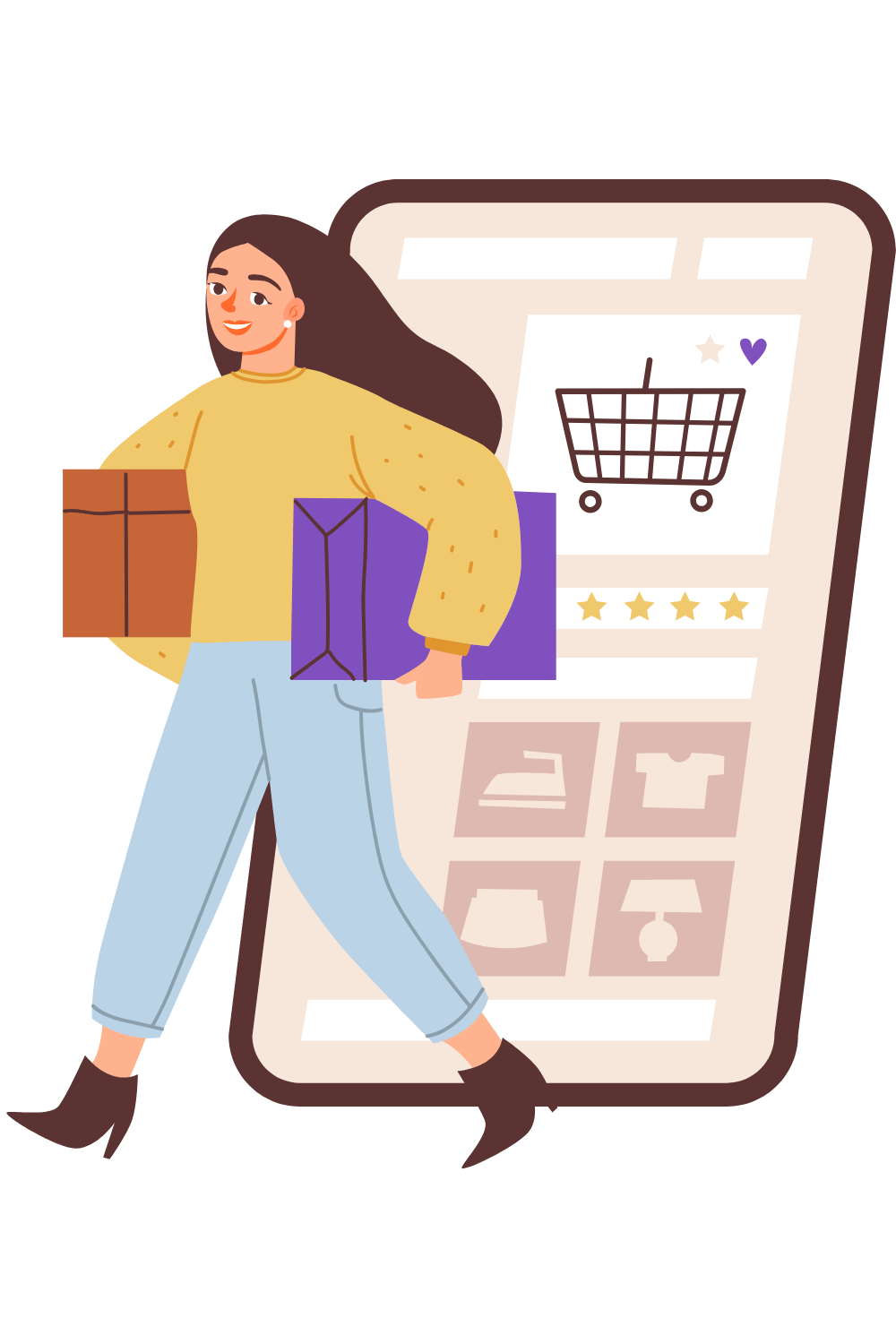 A woman holding two shopping bags with a cell phone screen in the back showing a shopping cart and shopping app