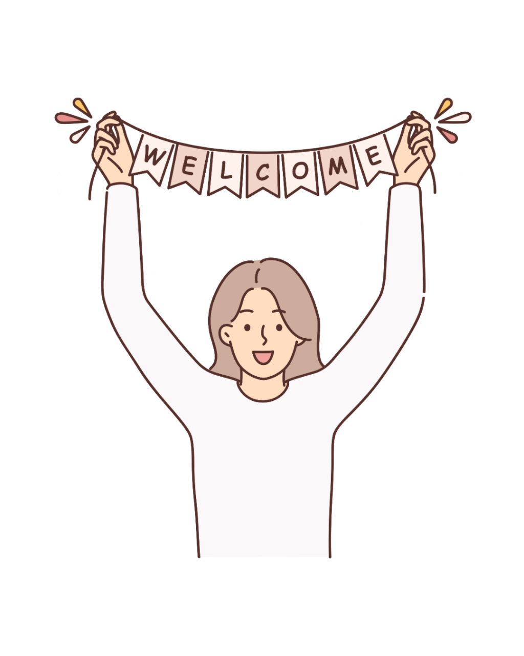 Graphic of a woman holding up a "Welcome" banner